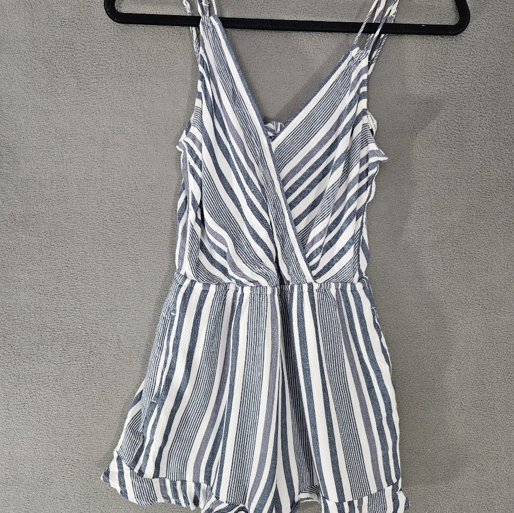 American Eagle Tank Top Vneck Wrap Romper Stripes Blue Medium Shorts Open Back